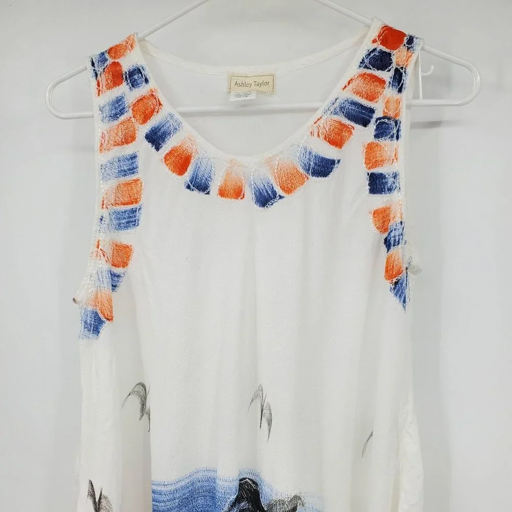 Ashley Taylor Multicolor Trapeze Flowy‎ Palm Tree Printed Swim Cover Up Dress